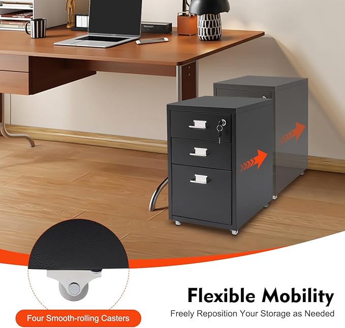 3-Drawer Metal File Cabinet Mobile File Cabinet with Lock Rolling Vertical Filing Drawers Under Desk for Home Office 11 * 16 * 18.3in (Black)