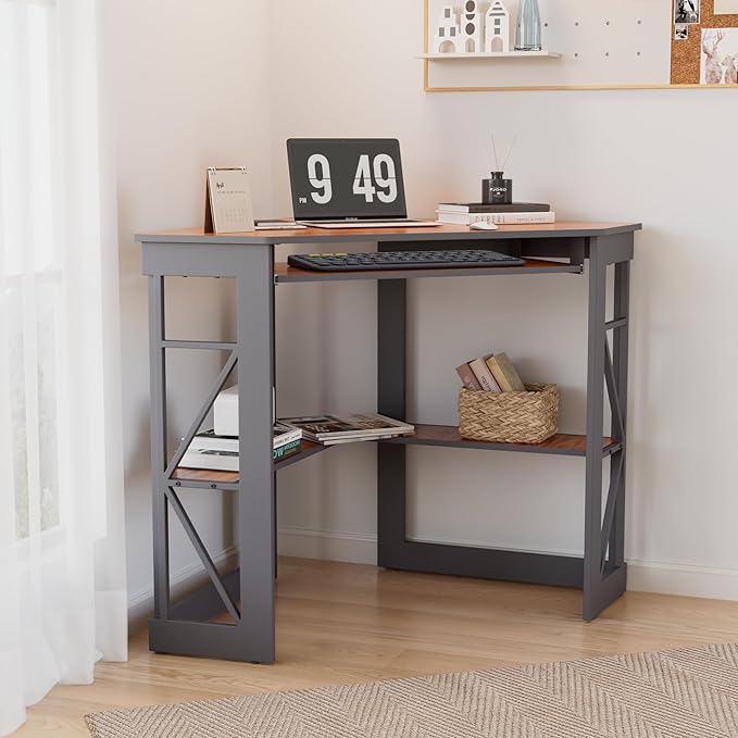 VECELO Corner Desk Computer Desk Writing Table with Smooth Keyboard Tray&ampStorage Shelves for Small Spaces/Compact Home Office Triangle TableTeak Brown