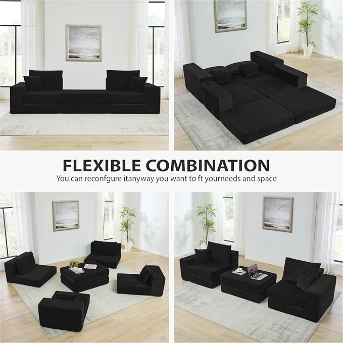80 Inches Modular Sectional Loveseat Sofa Cloud Boneless Couch with Non-Slip Base Modern Sleeper Sofa Bed for Living Room Small Spaces No Assembly Required Corduroy (Black)