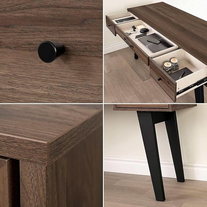 Pemberly Row Computer Desk with Power Bar Natural Walnut Finish Melamine Top Scratch and Water Resistant Scandinavian Style Home Office Desk with Deep Drawers and USB Outlets