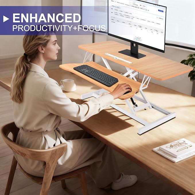 38-Inch Height Adjustable Standing Desk Converter Duals Monitor &amp Laptop Riser with Wide Keyboard Tray Sit to Stand Ergonomic Workstation for Home Office School Business Log Color
