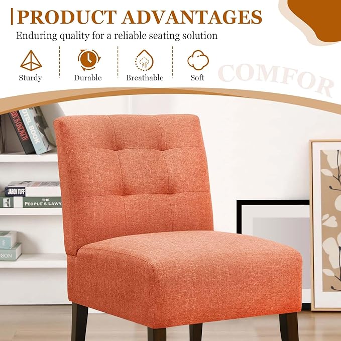 Modern Accent Chair for Living Room Upholstered Armless Slipper Chair with Back &amp Wood Legs Comfy Small Chair for Bedroom Living Room Reading Spaces Office (Orange2)