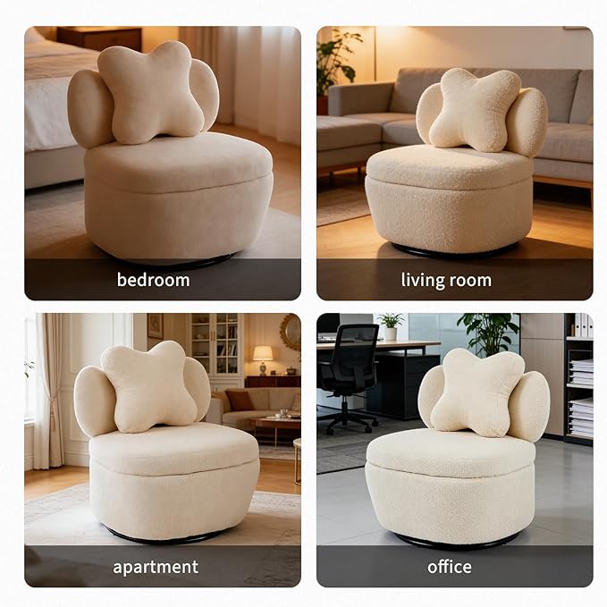 GarveeHome Teddy Velvet Swivel Accent Chair with Storage 360° Rotating Barrel Chair with Star Pillow Upholstered Comfy Single Sofa Chair for Living Room Bedroom Small Spaces Camel