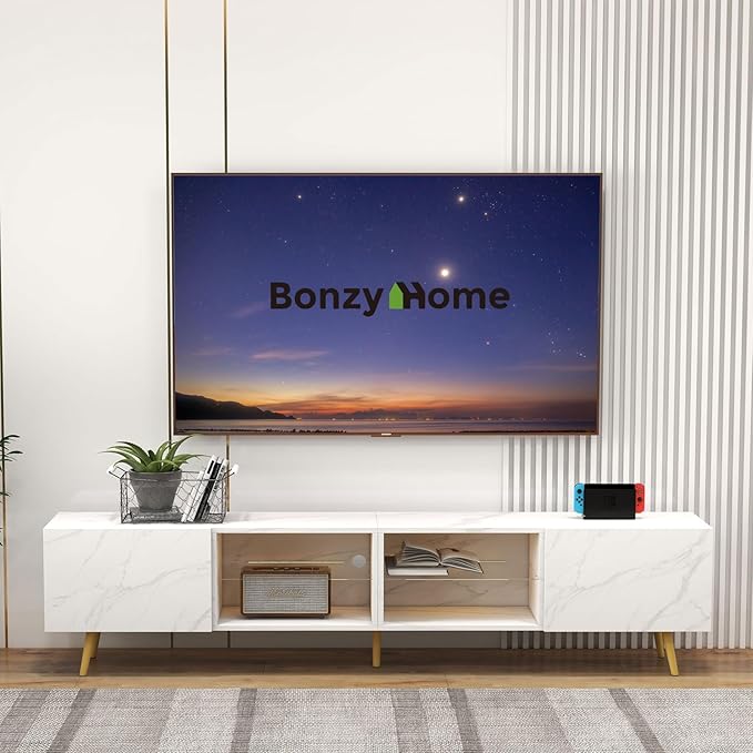 Bonzy Home 86 LED TV Stand Modern Entertainment Center up to 75 TV Television Console Table with Storage Cabinets for Living Room White Marble