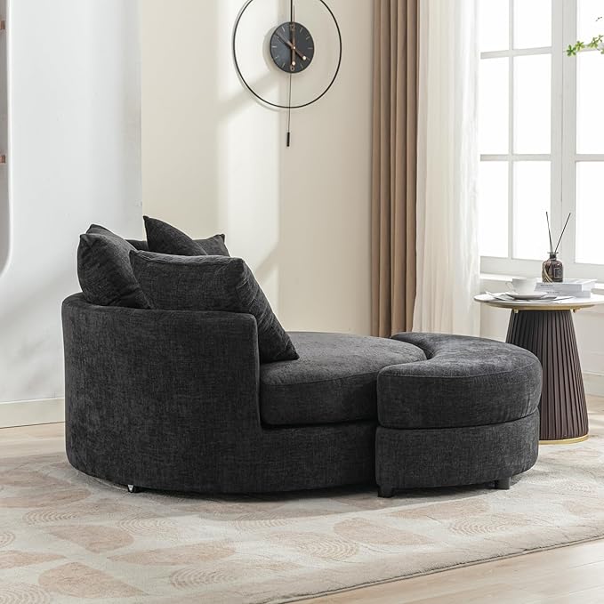 Yoglad Oversized Round Swivel Accent Chair - Modern 360 Degree Barrel Chairs with Storage Ottoman for Living Room Bedroom(Chenille- Gray)