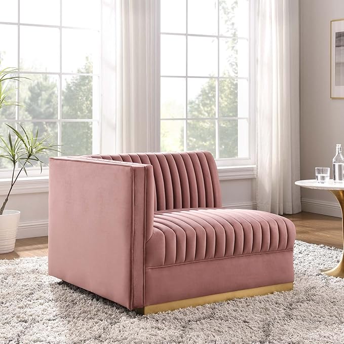 Modway Sanguine Channel Tufted Performance Velvet Modular Sectional Sofa Ottoman Left-Arm Chair Dusty Rose