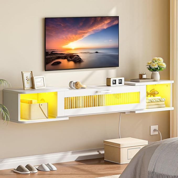 HOOBRO Floating TV Stand with LED Light Power Outlet for up to 65” Wall Mounted TV Shelf Modern Media Console Entertainment Center for Living Room Bedroom White WT34UDDS01G1