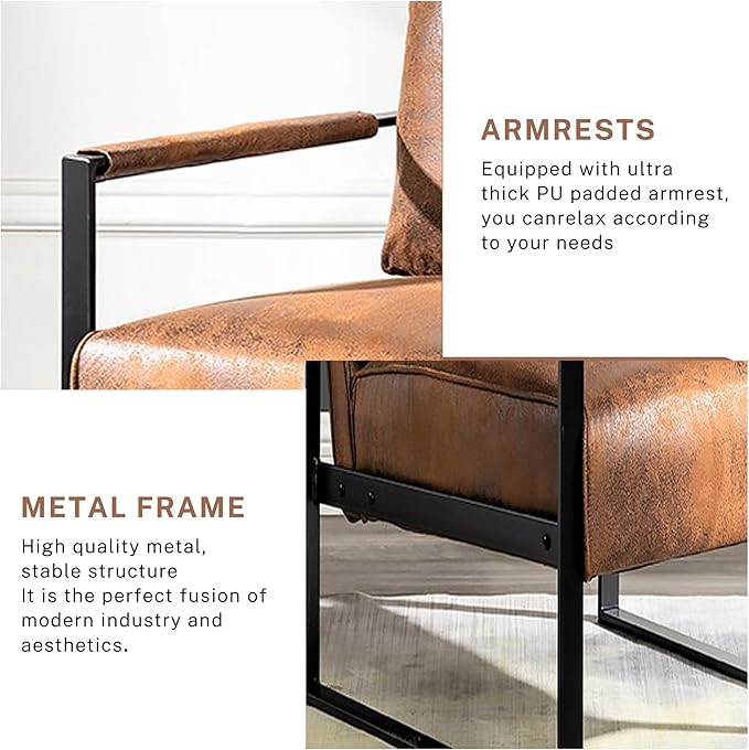 Modern Accent Chair for Living Room Bedroom Mid Century Arm Chair Microfiber Office Accent Chair Reading Chair with Metal Frame for Balcony Lounge Brown