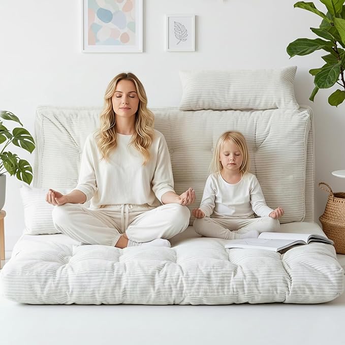 Convertible Sofa Bed 54x91 Inch Thick Tufted Folding Sofa Bed with 2 Pillows Folding Floor Loveseat Sleeper Couch Mattress for Small Spaces Living Room Bedroom and Adults White