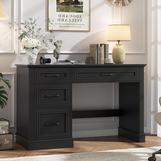 Farmhouse 47 Executive Desk with 3 Drawers and Adjustable File Drawer Workspace for Home Office and Study Pure Black.