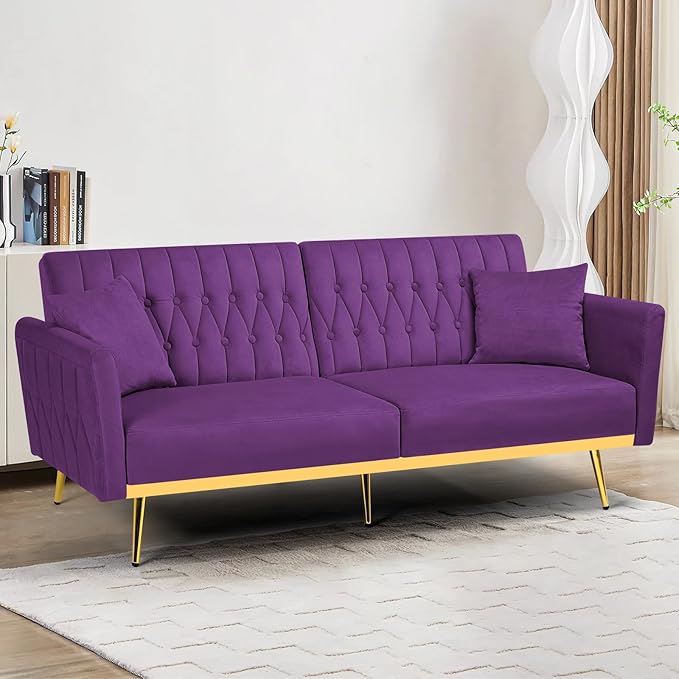 70 Velvet Futon with Adjustable Backrest and Armrests Sofa Bed with Extra Pillows for Waiting Room Living Room and Office Purple