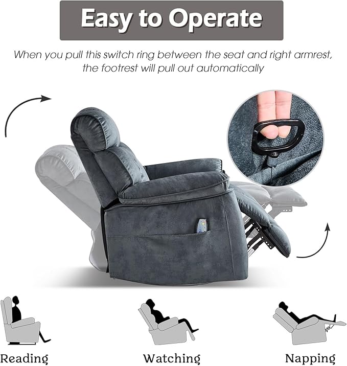INZOY Oversized Rocker Recliner with Heat and Vibration Manual Swivel Rocking Recliner Chair with Vibrating Massage Comfy Padded Overstuffed Soft Fabric Heated Recliner Grey