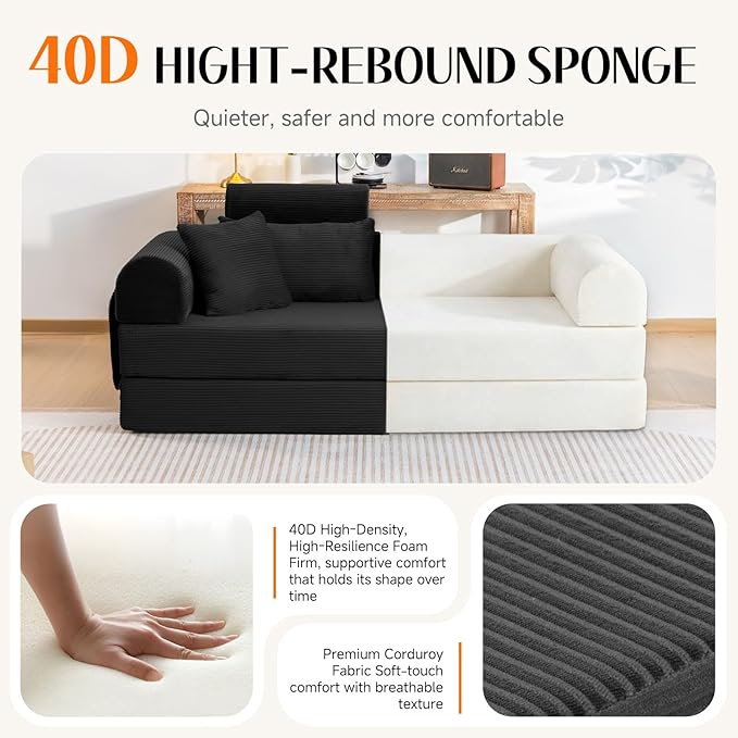 79 Corduroy Sofa Bed Sleeper Couch 6-in-1 Convertible Boneless Floor Futon Loveseat High-Density Foam Couch in a Box with 2 Headrest Pillows No Assembly Black