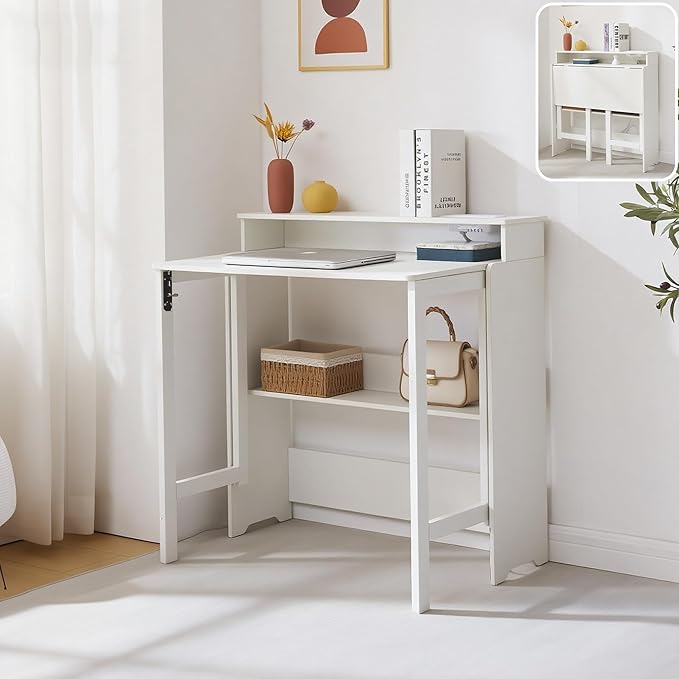 Fold Out Desk with Power Outlets Small Foldable Table with Storage ShelfSpace-Saving Hidden Desk for Bedroom Living Room &amp Office (White)