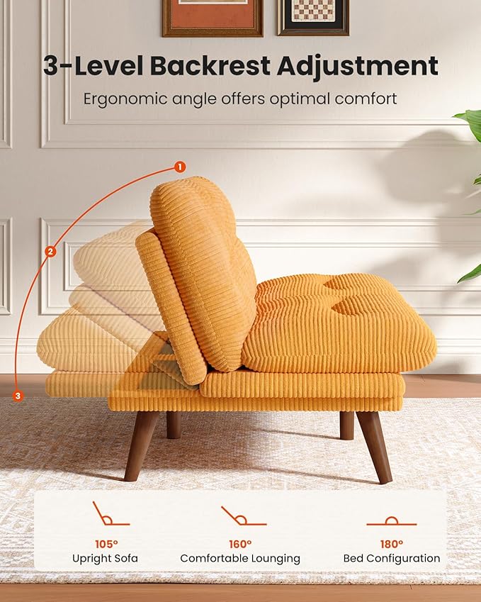 Amada 66 Convertible Futon Sofa Bed Corduroy Folding Futon Set with Adjustable Backrest &ampArmrests Recliner Lounge for Living Room Apartment or Office Solid Wood Frame Loveseat Sofa - Orange