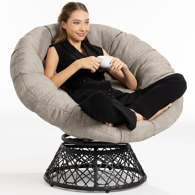 Bme 40 Ergonomic Wicker Papasan Chair with Soft Thick Cushion &amp Frame 360° Swivel Circle Reading Comfy Chair for Living Room Bedroom