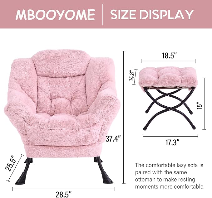 Lazy Chair with Folding Ottoman Modern Accent Lounge Armchair with Armrests and a Side Pocket &amp Foldable Footstool Leisure Reading Chair for Living Room Bedroom Dorm &amp Office Plush Pink