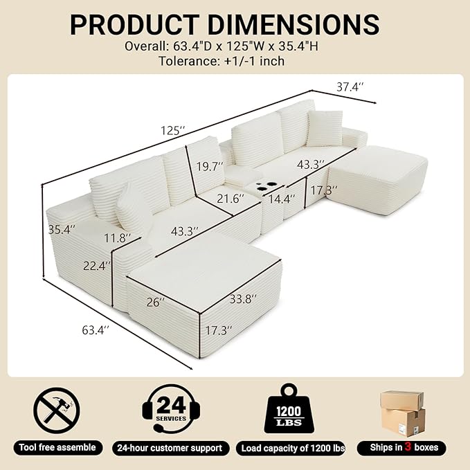125 Oversized U-Shaped Cloud Sectional Couch 6-Seater Modular Sectional Sofa with USB Ports/Storge Console/Cup Holder Modern Deep Seat Corduroy Boneless Couch for Living Room No AssemblyGreen