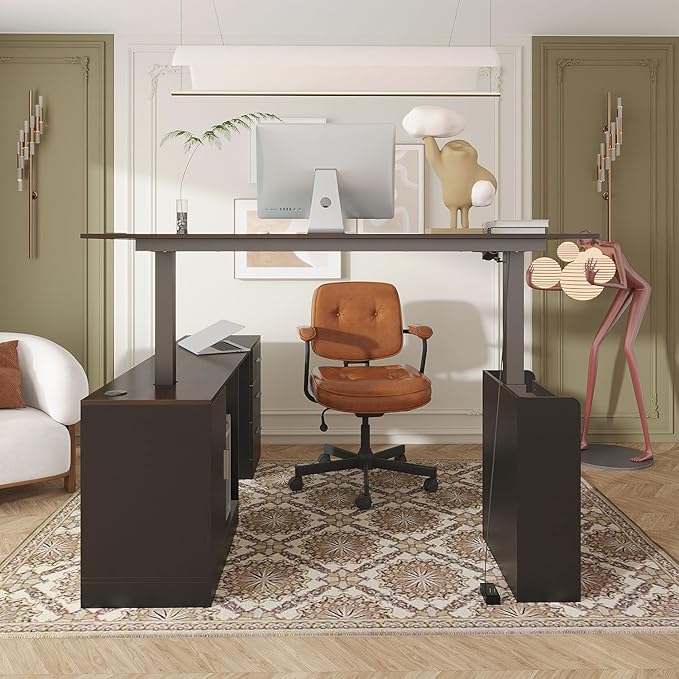 63 Large Electric Standing Office Desk with Drawers Modern Executive Deep L Shaped Computer Raising Stand up Desk with Shelves Storage for Home Office Adjustable Height Black &amp Brown