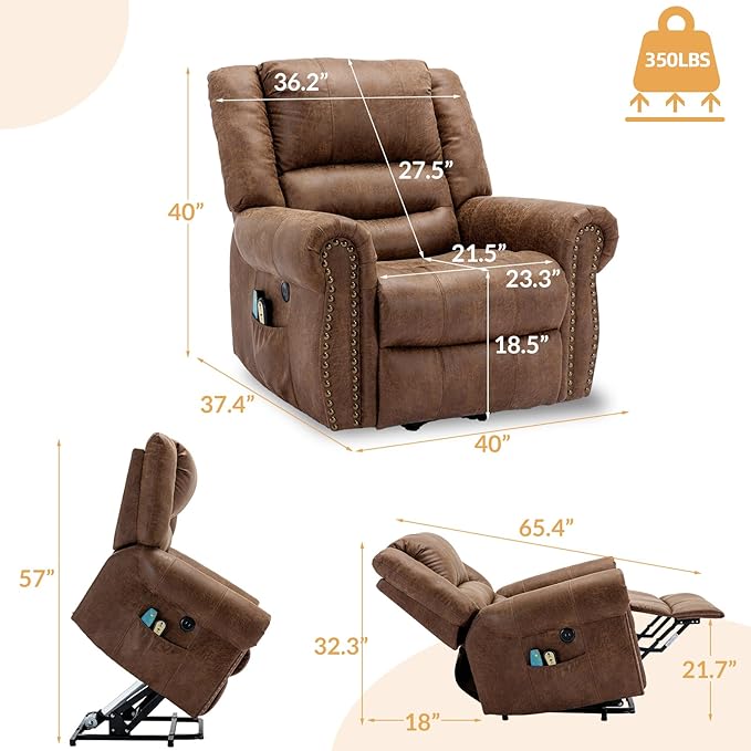Electric Power Lift Recliner Chairs with Massage and Heat for Elderly Overstuffed Wide Ergonomic Lounge Chair Classic Single Sofa for Living Room with 2 Remote Control/USB Ports(Brown)