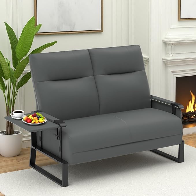 Faux Leather Loveseat Couch for Living Room Bedroom Office Small Sofa 2 Seater Couch with Flip Up Tray Table Side Pockets Leather Loveseats Gray