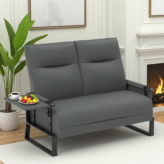 Faux Leather Loveseat Couch for Living Room Bedroom Office Small Sofa 2 Seater Couch with Flip Up Tray Table Side Pockets Leather Loveseats Gray