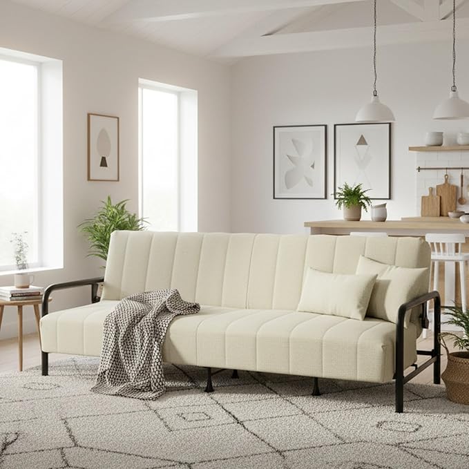 Homy Casa Convertible Sofa Bed with Metal Frame and Upholstered Cushion for Living Room Guest Room and Small Apartment (Beige)