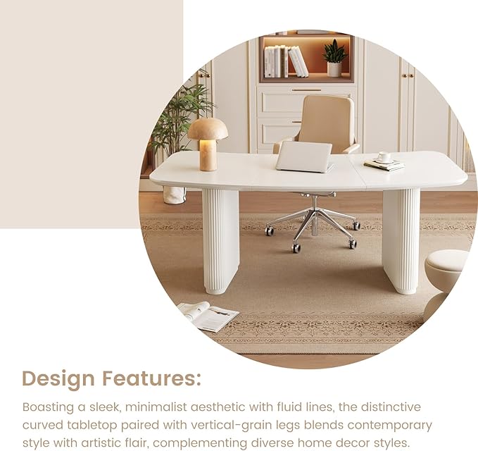 Guyii 77.67inch Large Modern Computer Desk Cream White Office Desk Thick Tabletop with Strong Legs Curved Shape Executive Desk Studing Table for Office Study