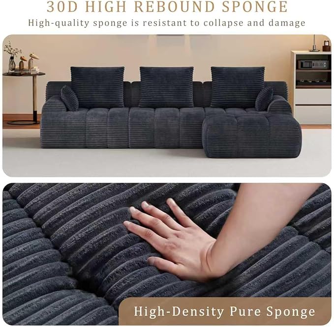 Chogori Corduroy Modular Sectional Sofa 118 Inch Boneless Cloud Couch with High Density Memory Foam Tufted L-Shaped Sofa for Living RoomNo Assembly (Gray)