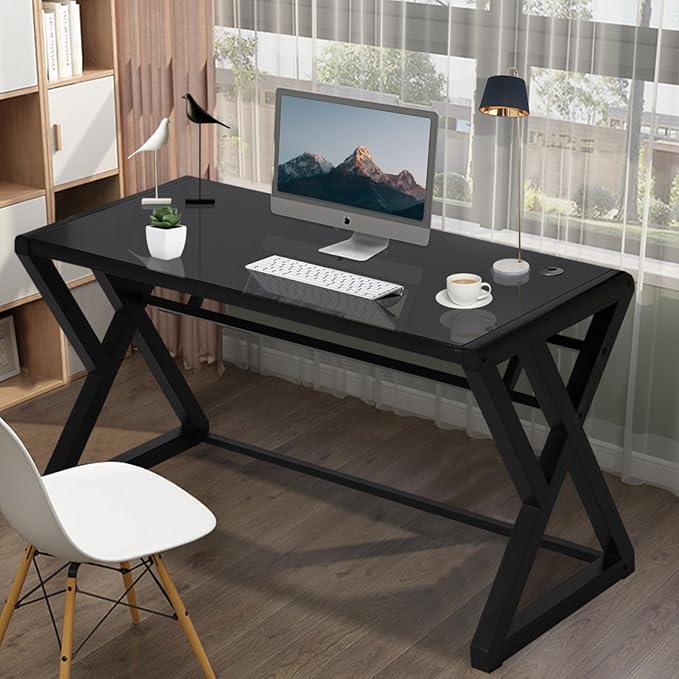 MANBUR Computer Desk Tempered Glass Computer Table Desk with Metal Frame Modern Simple Style Desk 55 in Study Writing Desk Workstation for Home Office (Black)