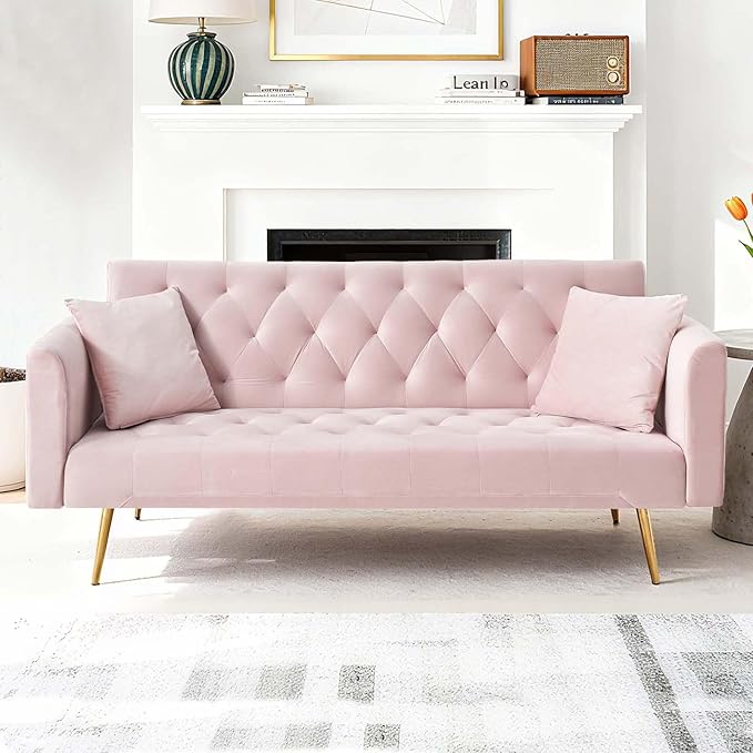 71Convertible Futon Sofa Bed - Modern Velvet Sleeper Couch with Adjustable Backrest Tufted Recliner with Golden Chrome Legs &amp 2 Pillows Perfect for Small Spaces Living Room &amp Apartment (Pi