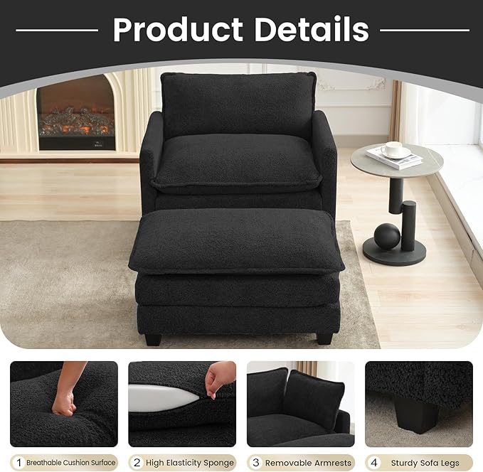 ROWHY Convertible Sectional Couch with Ottoman Single Armchair with armrests Modern Living Room Furniture Set Small Couches for Small Spaces for Living Room Chenille Black