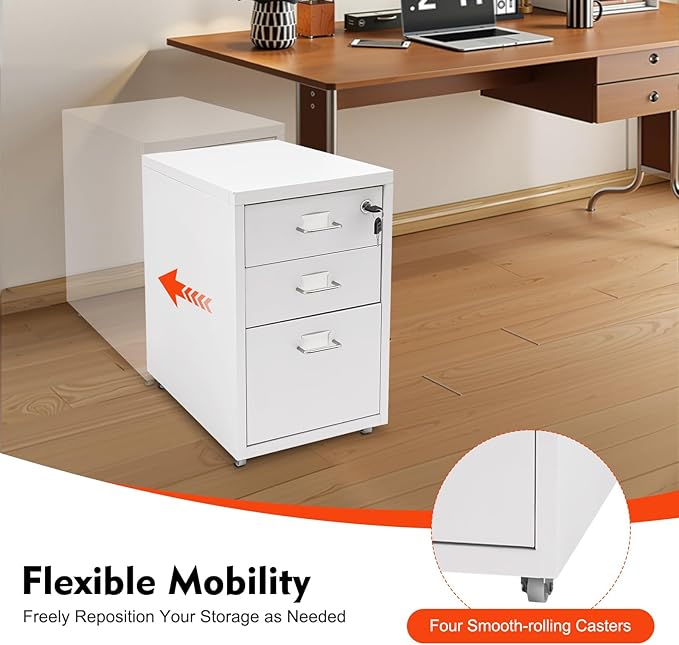 3-Drawer Metal File Cabinet Mobile File Cabinet with Lock Rolling Vertical Filing Drawers Under Desk for Home Office 11 * 16 * 18.3in (White)
