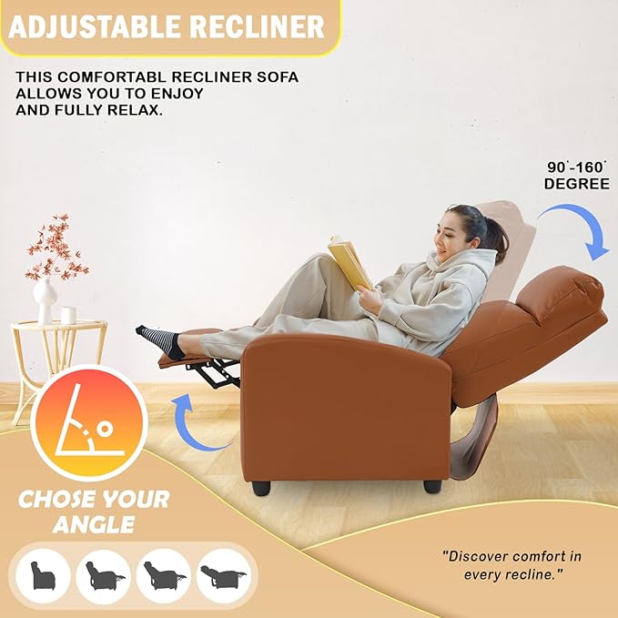 PayLessHere Recliner Chair Single Reclining Sofa Home Theater Seating with Lumbar Support and PU Leather Padded Backrest for Living Room and Bedroom (Tan)