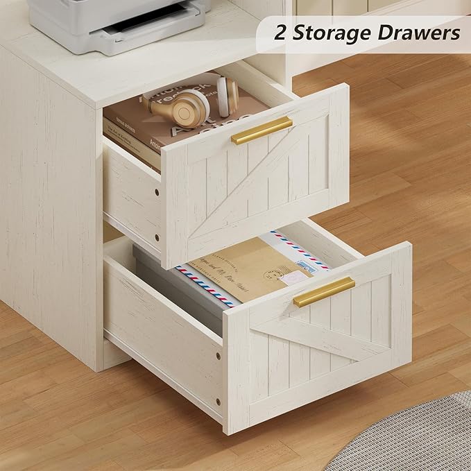 63 Farmhouse L Shaped Executive Desk with Drawers &amp Storage Shelf Corner Computer Desk with Power Outlets L Shaped Office Desk with Monitor Stand Printer Shelf White