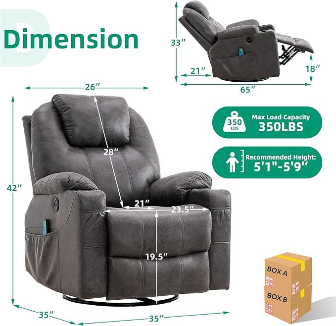 VIVIJASON Manual Massage Rocker Recliner Chair 360° Swivel Glider Lounge Chair with Heat Ergonomic Home Theater Recliner Sofa with 2 Side Pockets Cup Holders &amp USB Ports for Living Room Gray