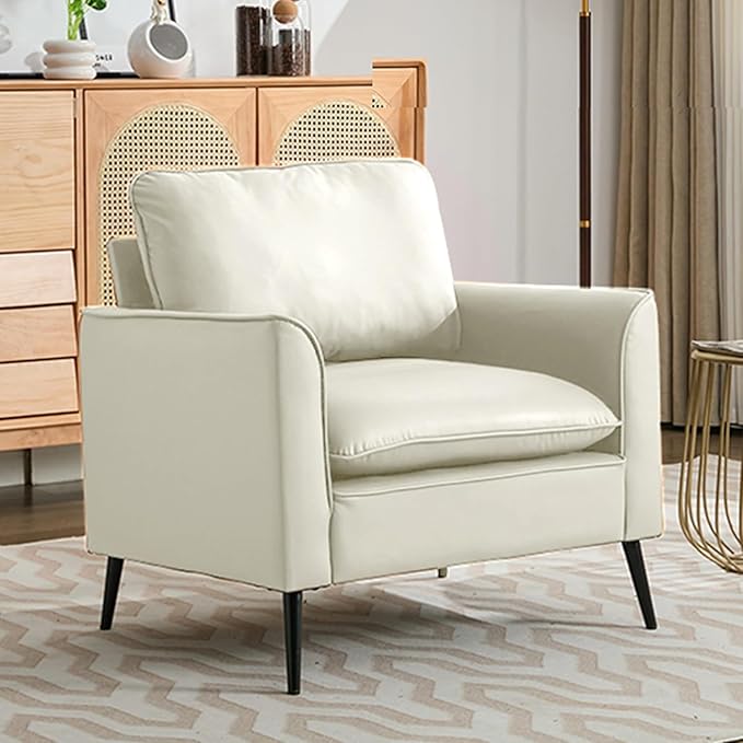 YISHENG Mid-Century Modern Living Room Accent Chairs Set of 2 - Oversized Faux Leather Armchairs with Removable Cushions &amp Metal Legs Comfortable Sofas for Office/Lounge/Bedroom/ReceptionCream
