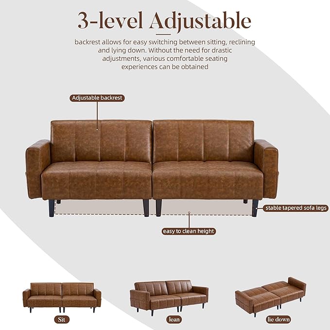 83 Mid Century Modern Futon Sofa Bed 3 Seater Faux Leather Couch with Adjustable Backrest Comfy Upholstered Sleeper Sofa for Living Room Apartment Home Office (Brown)