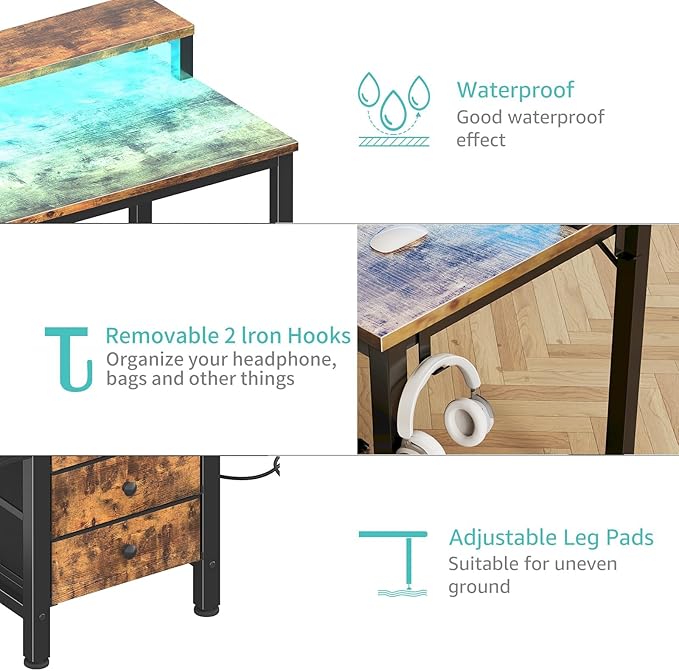 Lufeiya Reversible Gaming Desk with LED Lights and Power Outlets 47 inch Home Office Desk with Monitor Stand Computer Desk with Fabric Drawers Rustic Brown