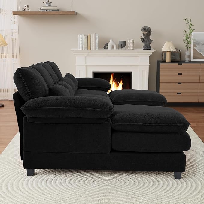 OUYESSIR 114 U Shape Sectional Cloud Couch with OttomanFluffy Sectional Couches for Living Room4 Seater Modular Sectionals SofaComfy Cloud Sofas &amp Couches with 4 PillowsBlack