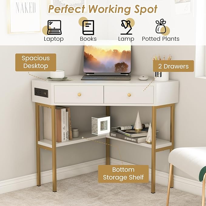 Giantex Corner Desk with Charging Station 90 Degree Triangle Computer Desk with 2 Drawers &amp Storage Shelf L-Shaped Writing Desk Makeup Vanity Table Compact Corner Desk for Small Spaces (White)