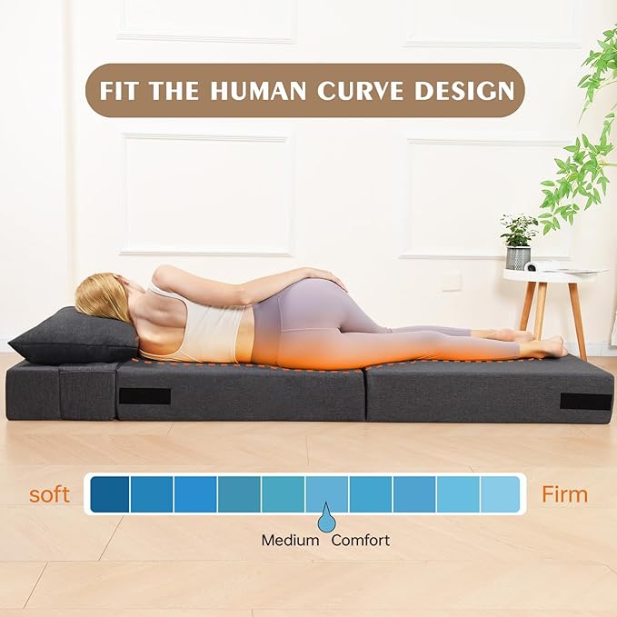 Folding Sofa Bed Foldable Sleeper Chair with Washable Cover Convertible Futon Sofa Bed with Pillow Fold Out Couch for Living Room Dorm Guest Room Single Size Dark Grey