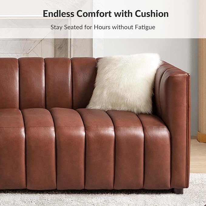 HULALA HOME 83 Genuine Leather Sofa with Channel Tufted Design 3-Seater Sofa for Living Room Bedroom Modern Oversized Couch with Wood Legs Brown