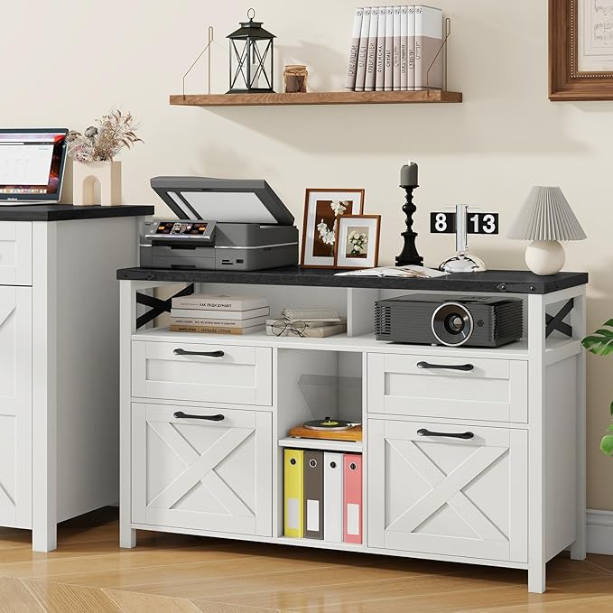 Lateral File Cabinets 4 Drawers with Open Storage Shelf Farmhouse Filing Cabinet with Adjustable Shelf for Home Office Filing Organization Storage Cabinets for Hanging Files Letter/A4. Black