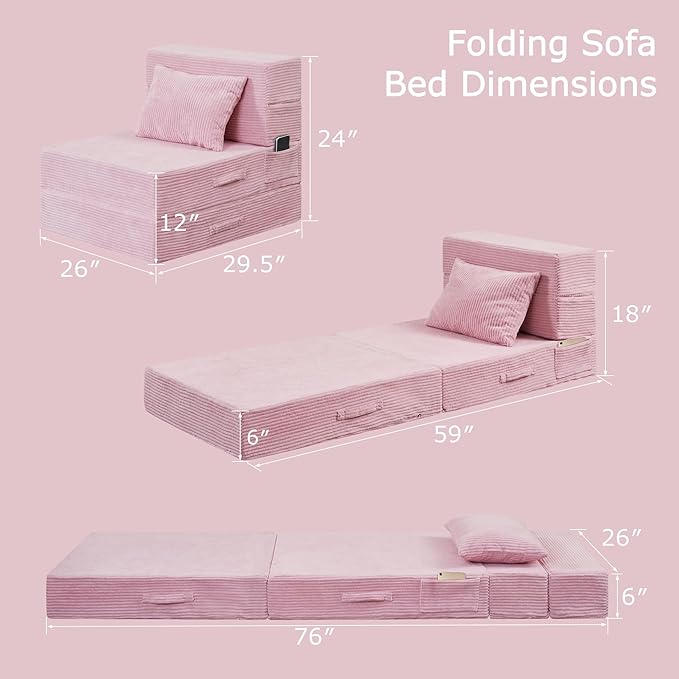 Folding Sofa Bed 4 in 1 Convertible Sleeper Chair with Pillow Single Memory Foam Fold Out Chair Bed Modern Floor Futon Sofa Couch Mattress for Living Room/Guest/Apartment Pink
