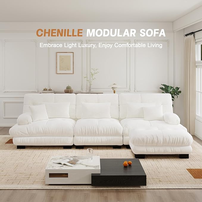 133.8'' Sectional Couches for Living Room Memory Foam Chenille Cloud Couch Round Arm Deep Seat L Shaped Couch Sofa with Pillow and Ottoman