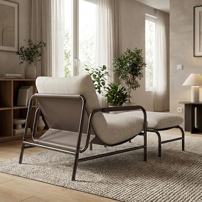 Acanva Accent Chair with Ottoman Modern Reading Chair for Adults Shredded Latex Filling Lazy Lounge Armchair for Living Room Bedroom Small Spaces White
