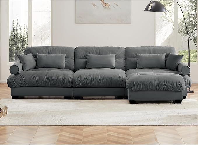 KEIKI 130 L-Shaped Oversized Velvet Modular Sectional Sofa with 1 Ottoman High-Density Foam Cushions and Bolstered Armrests Upholstered 3-Seater Cloud Couch with 5 Pillow for Living Room Grey