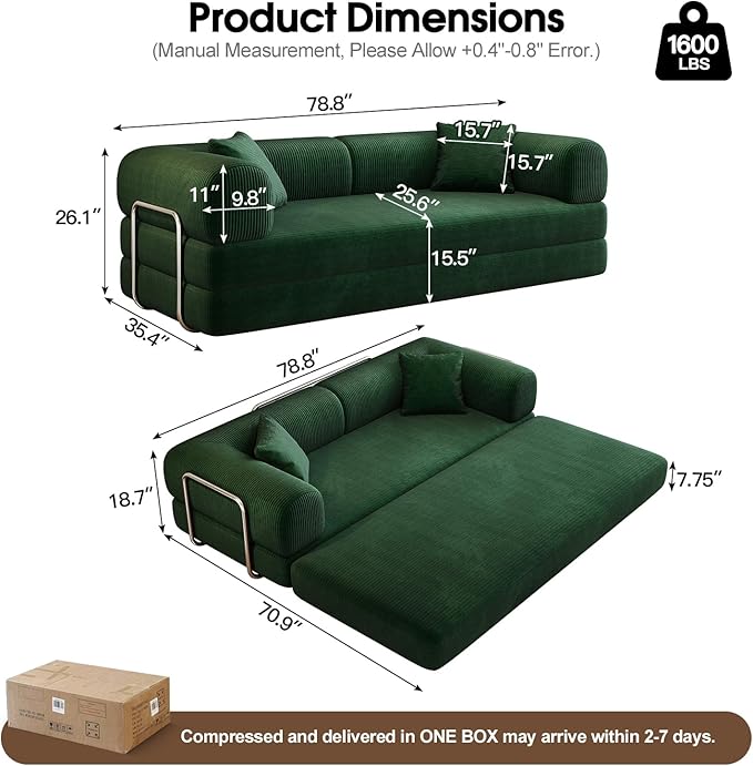 78.8'' Convertible Sofa Bed Boneless Couch in a Box Modular Corduroy Comfy Foldable Sleeper Compression Sofa Loveseat Couches for Living Room (Green 78.8 inch)