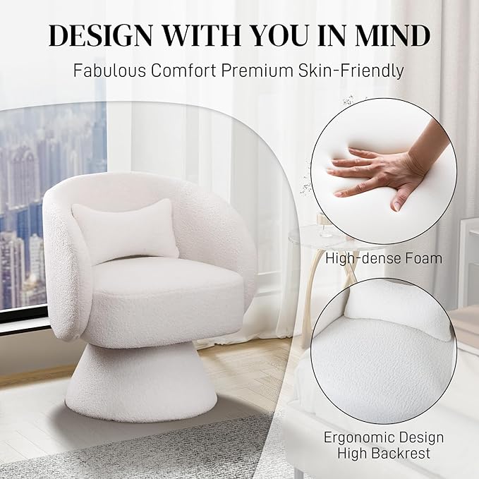 Swivel Barrel Chair Set of 2 Upholstered Swivel Cuddle Accent Chairs for Living Room Comfy 360°Small Round Boucle Sherpa Barrel Armchair for Bedroom Nursery (White Teddy)
